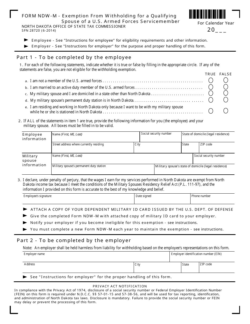 Form NDW-M Exemption From Withholding for a Qualifying Spouse of a U.S. Armed Forces Servicemember - North Dakota, Page 1