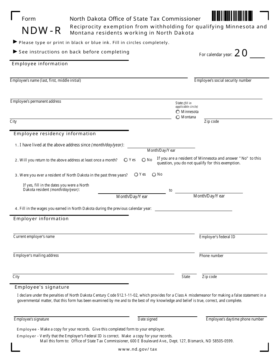 Form NDW-R Reciprocity Exemption From Withholding for Qualifying Minnesota and Montana Residents Working in North Dakota - North Dakota, Page 1