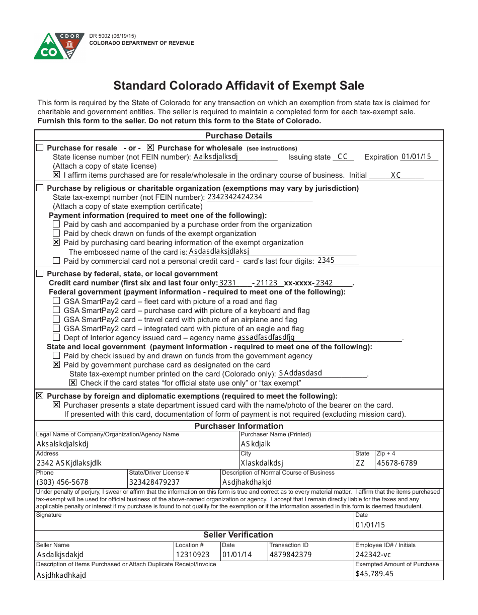 Form DR5002 Standard Colorado Affidavit of Exempt Sale - Colorado, Page 3