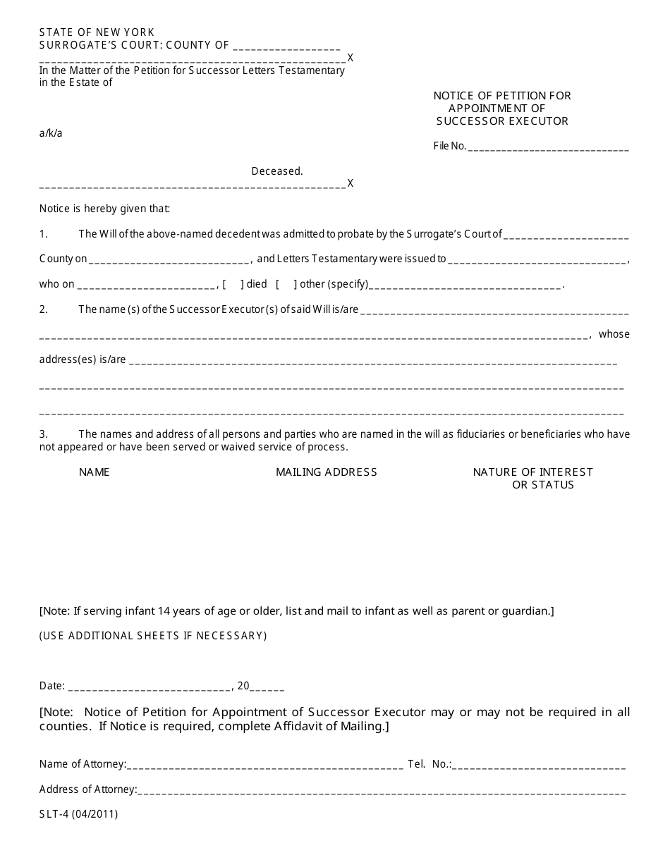 Form SLT-4 Notice of Petition for Appointment of Successor Executor - New York, Page 1