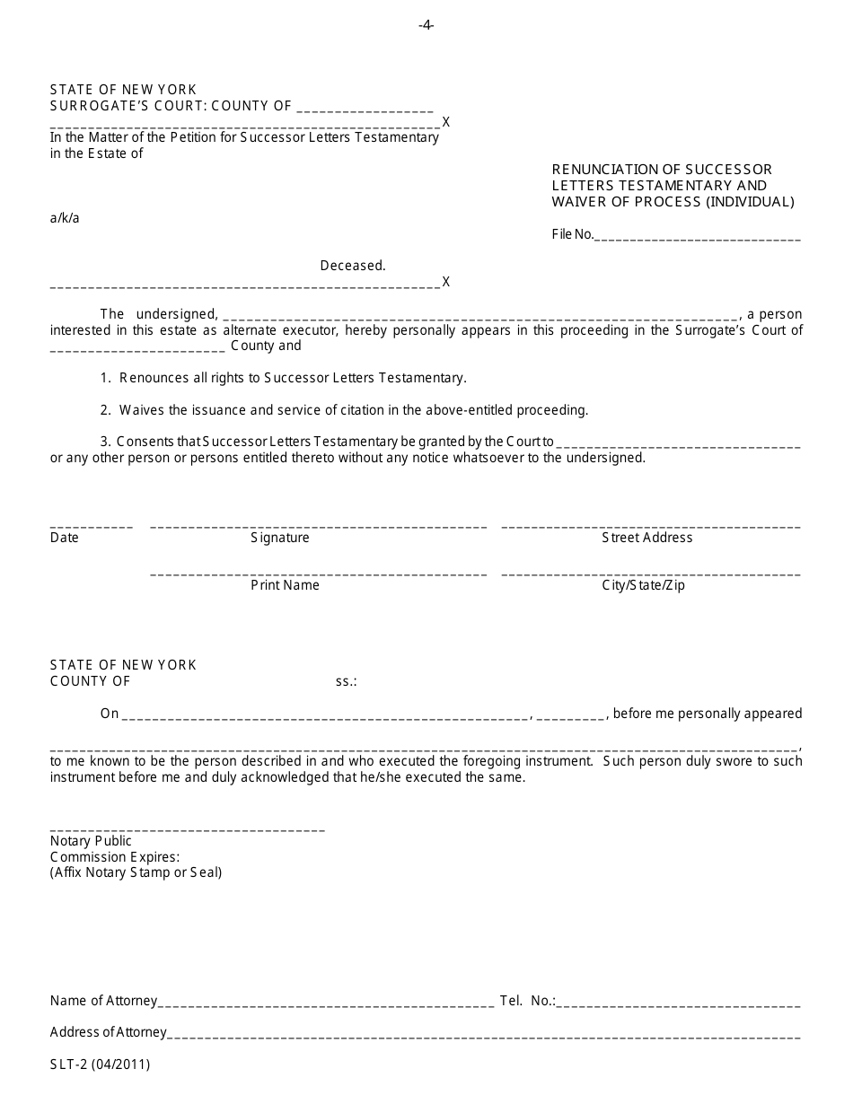 Form SLT-2 Renunciation of Successor Letters Testamentary and Waiver of Process (Individual) - New York, Page 1