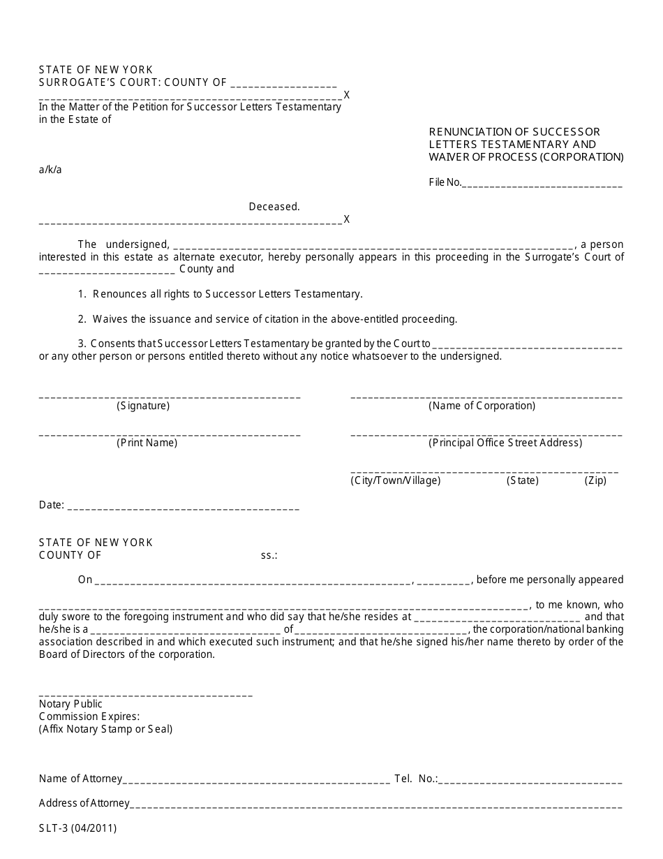 Form SLT-3 Renunciation of Successor Letters Testamentary and Waiver of Process (Corporation) - New York, Page 1