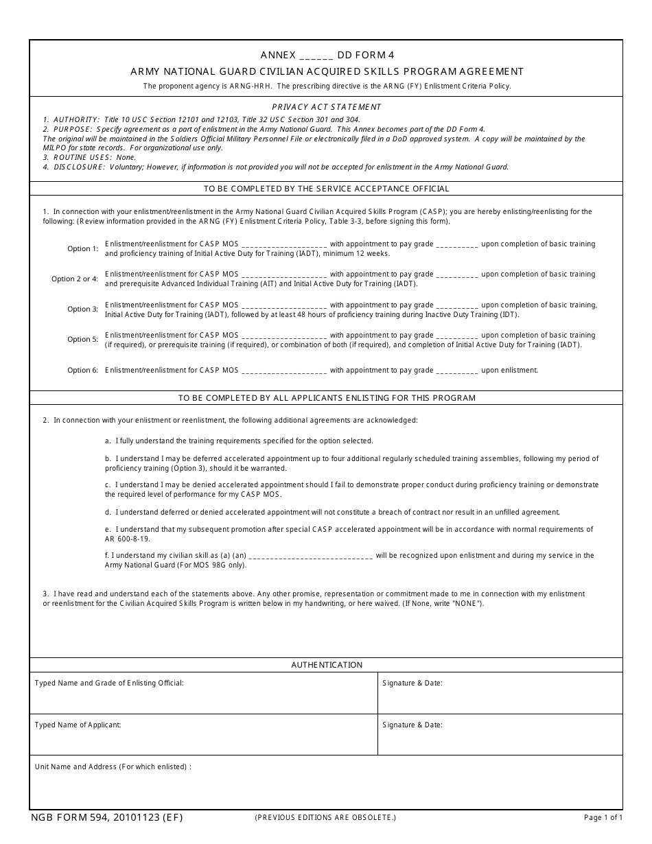 NGB Form 594 Army National Guard Civilian Acquired Skills Program Agreement, Page 1
