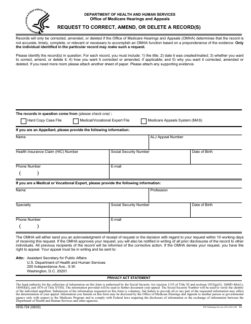 Form HHS-724 Request to Correct, Amend, or Delete a Record(S)