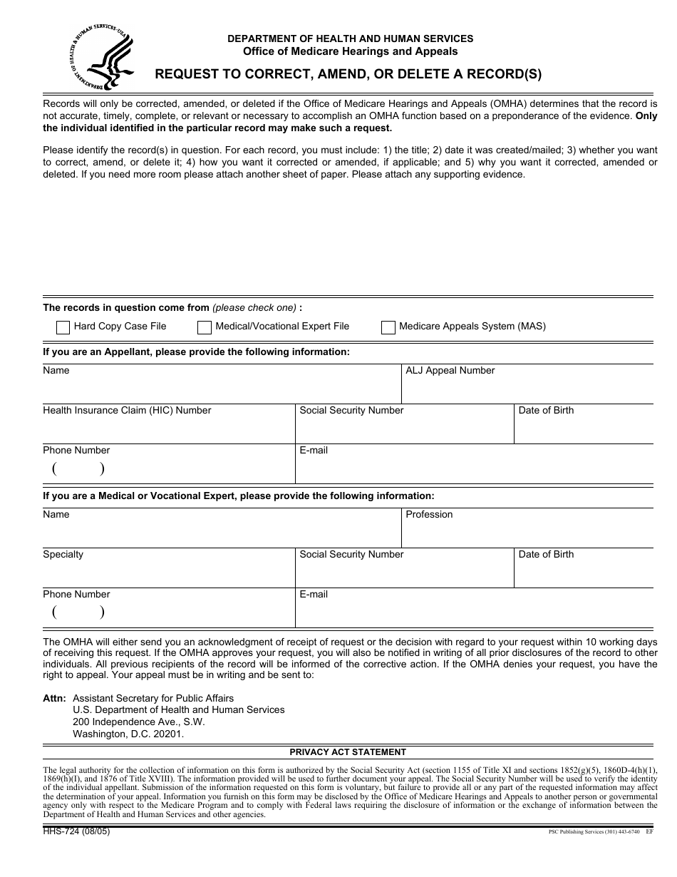 Form HHS-724 Request to Correct, Amend, or Delete a Record(S), Page 1