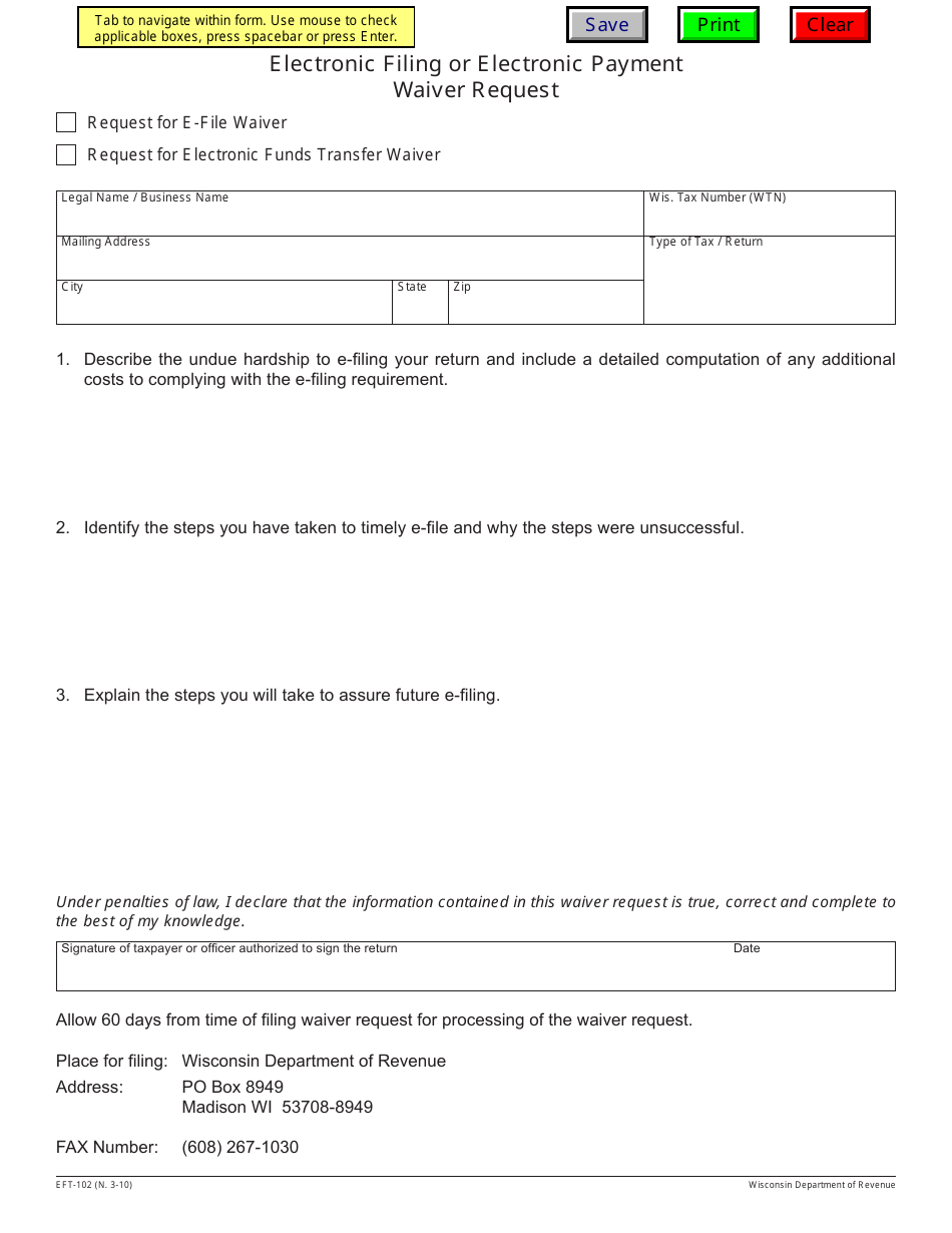 Form EFT-102 Electronic Filing or Electronic Payment Waiver Request - Wisconsin, Page 1