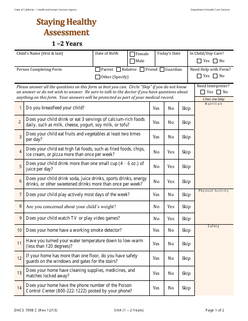 Form DHCS7098C Staying Healthy Assessment: 1-2 Year - California