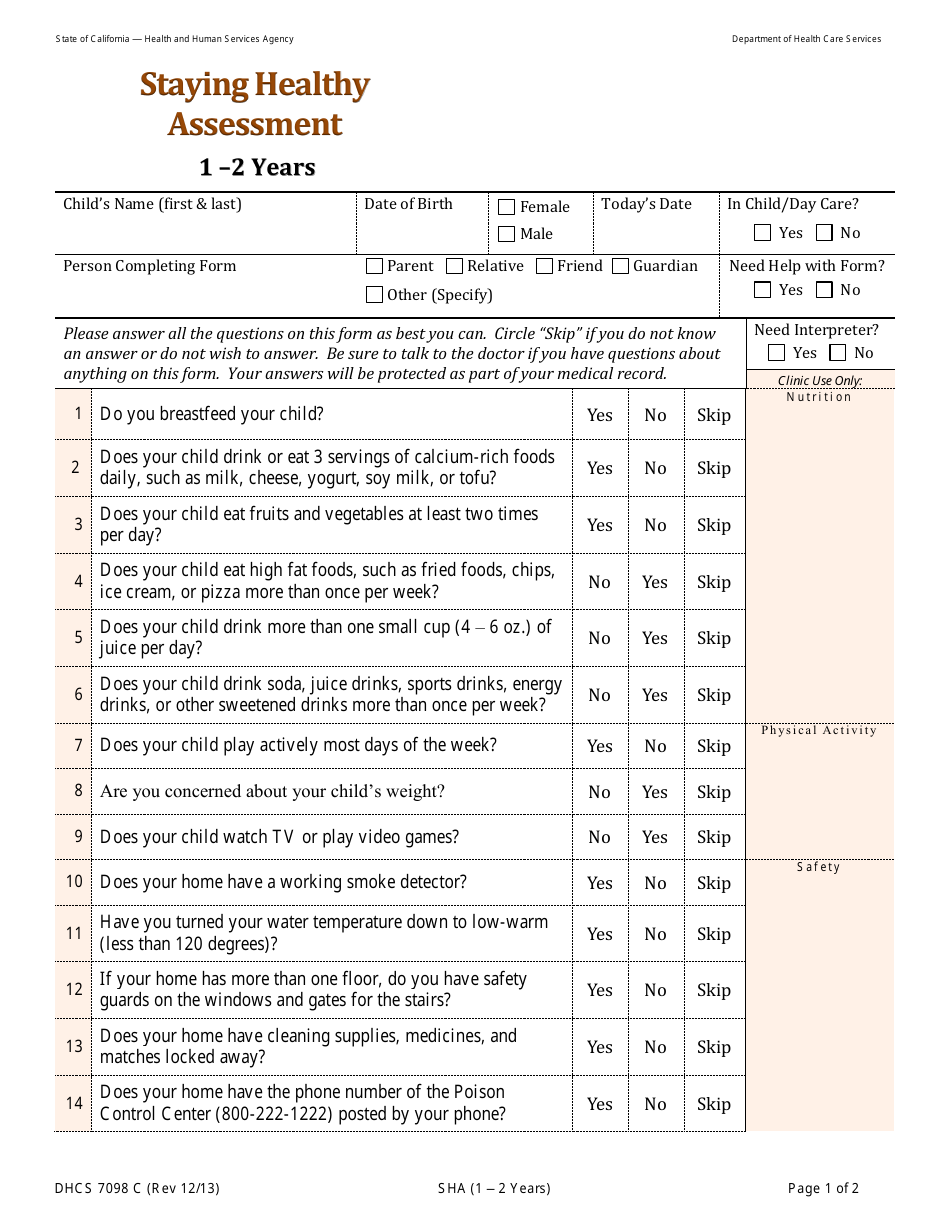 Form DHCS7098C Staying Healthy Assessment: 1-2 Year - California, Page 1