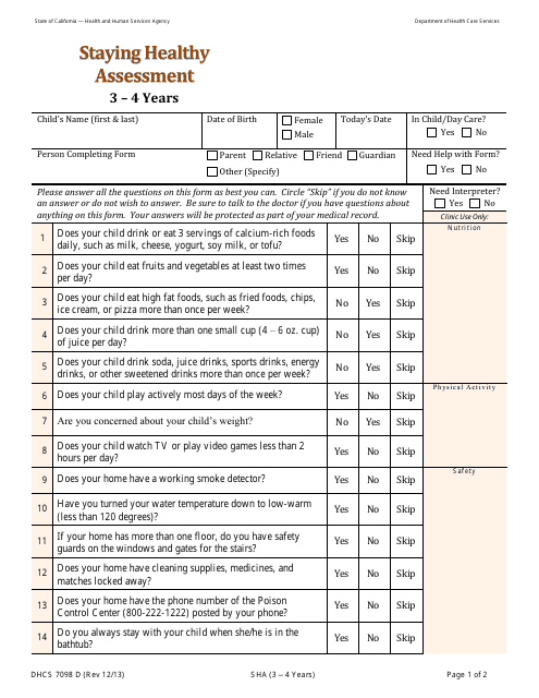 Form DHCS7098D Staying Healthy Assessment: 3-4 Years - California