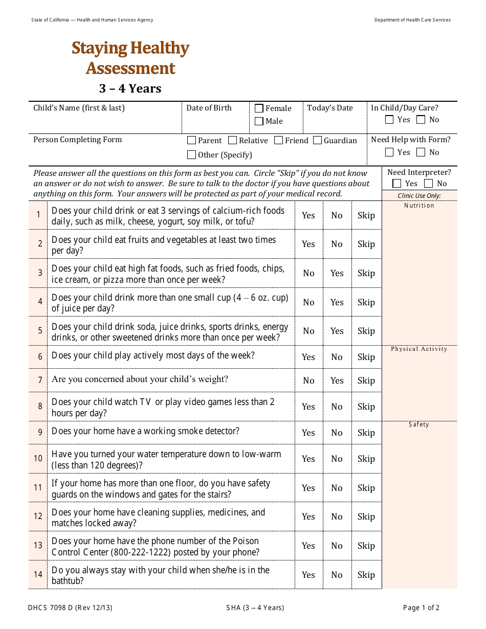 Form DHCS7098D Staying Healthy Assessment: 3-4 Years - California, Page 1