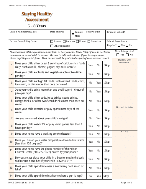 Form DHCS7098E Staying Healthy Assessment: 5-8 Years - California