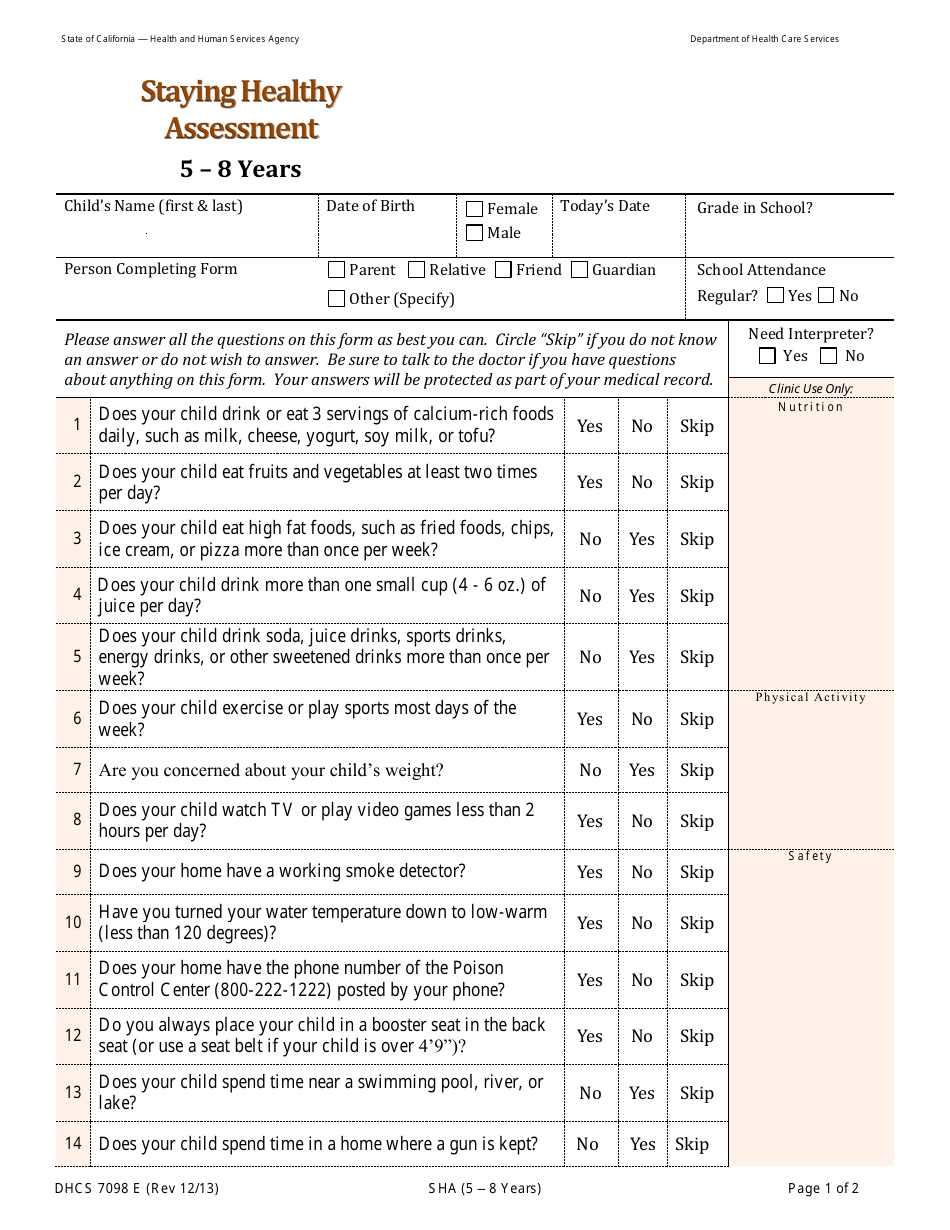 Form DHCS7098E Staying Healthy Assessment: 5-8 Years - California, Page 1