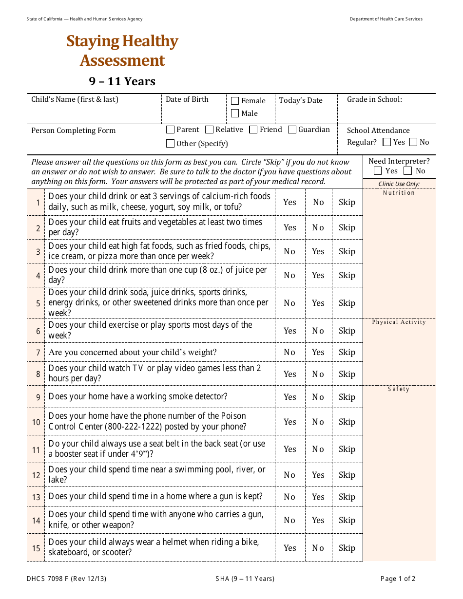 Form DHCS7098F Staying Healthy Assessment: 9-11 Years - California, Page 1
