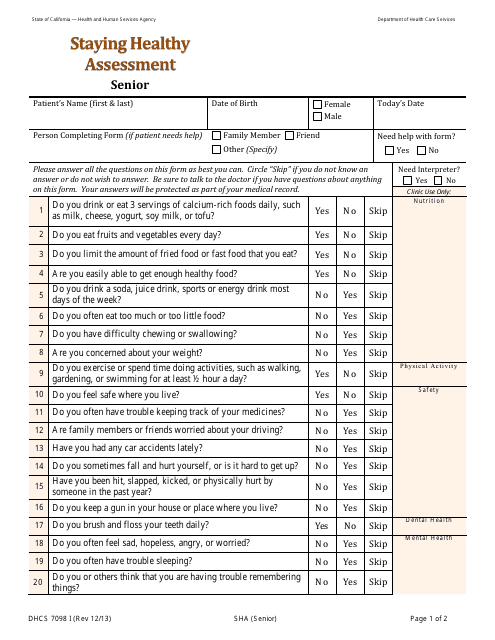 Form DHCS7098I Staying Healthy Assessment: Senior - California