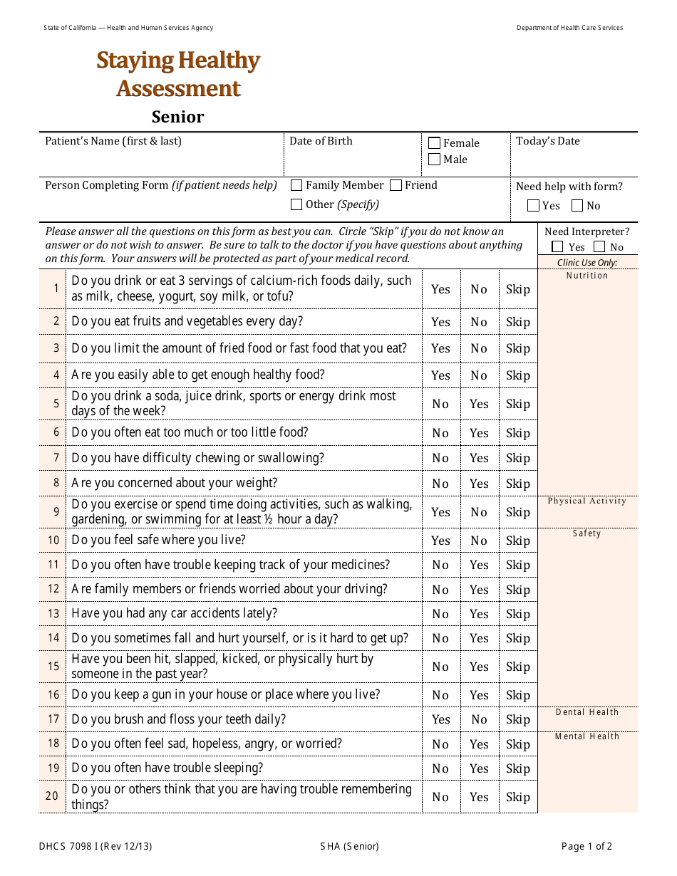 Form DHCS7098I Staying Healthy Assessment: Senior - California, Page 1
