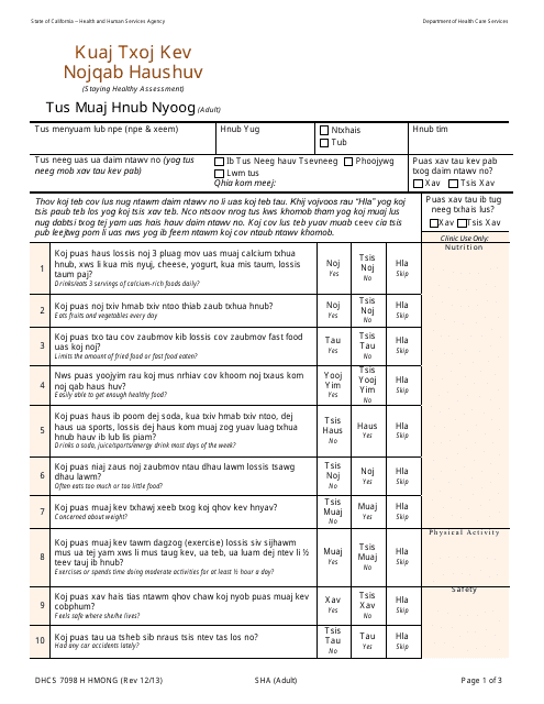Form DHCS7098 H Staying Healthy Assessment: Adult - California (Hmong)