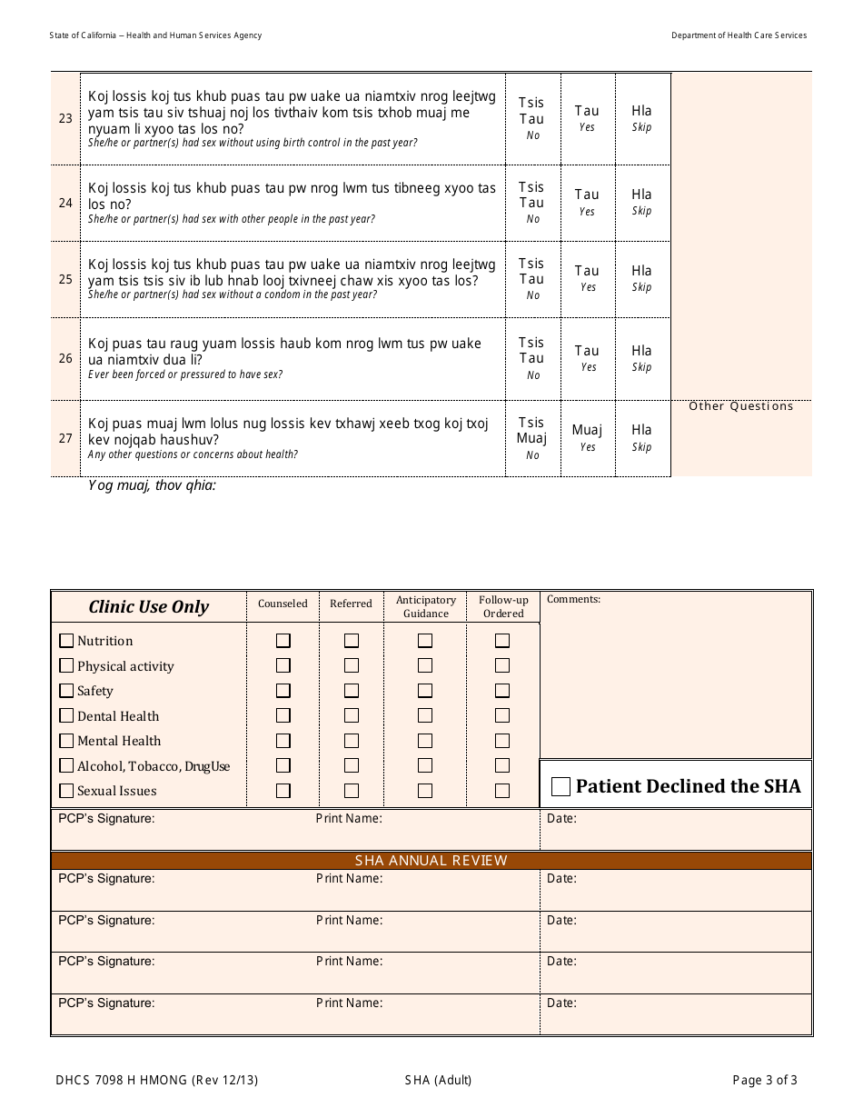 Form Dhcs7098 H Download Printable Pdf Or Fill Online Staying Healthy Assessment Adult 8222