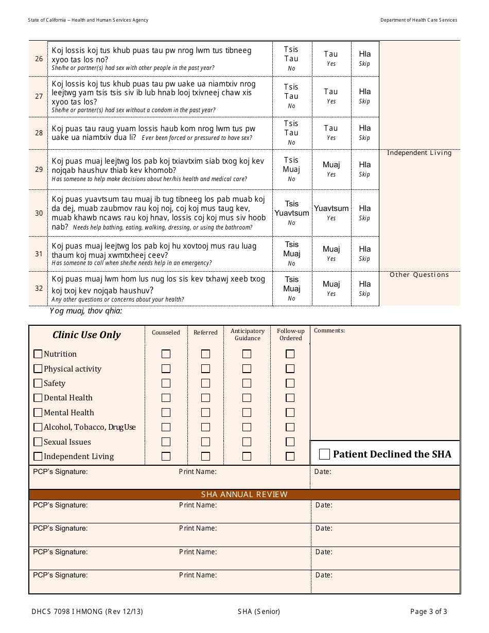 Form DHCS7098 I Staying Healthy Assessment - Senior - California (Hmong), Page 3