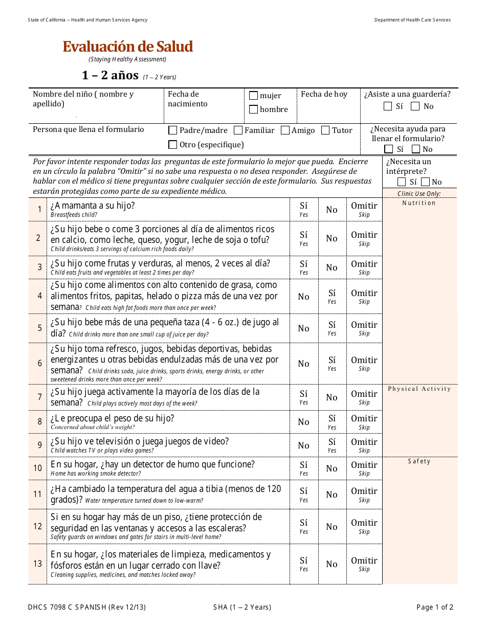 Formulario DHCS7098 C Staying Healthy Assessment - 1-2 Years / Evaluacion De Salud - 1-2 Anos - California (Spanish), Page 1