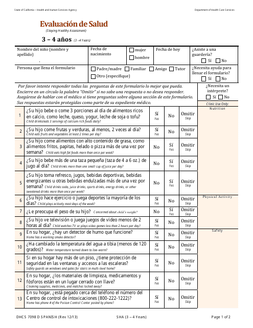 Form DHCS7098 D Evaluacion De Salud: 3-4 Anos - California (English/Spanish)