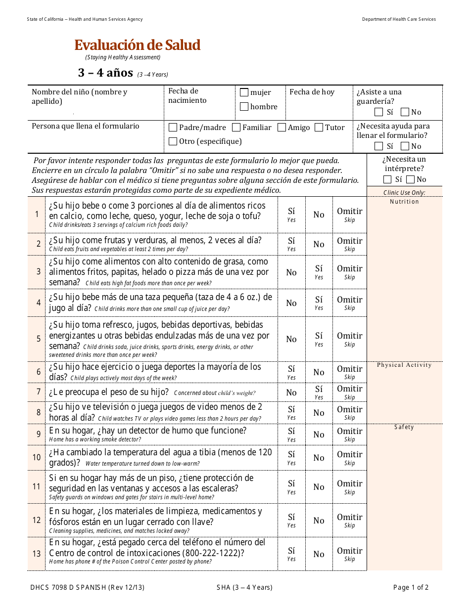 Form DHCS7098 D Evaluacion De Salud: 3-4 Anos - California (English / Spanish), Page 1