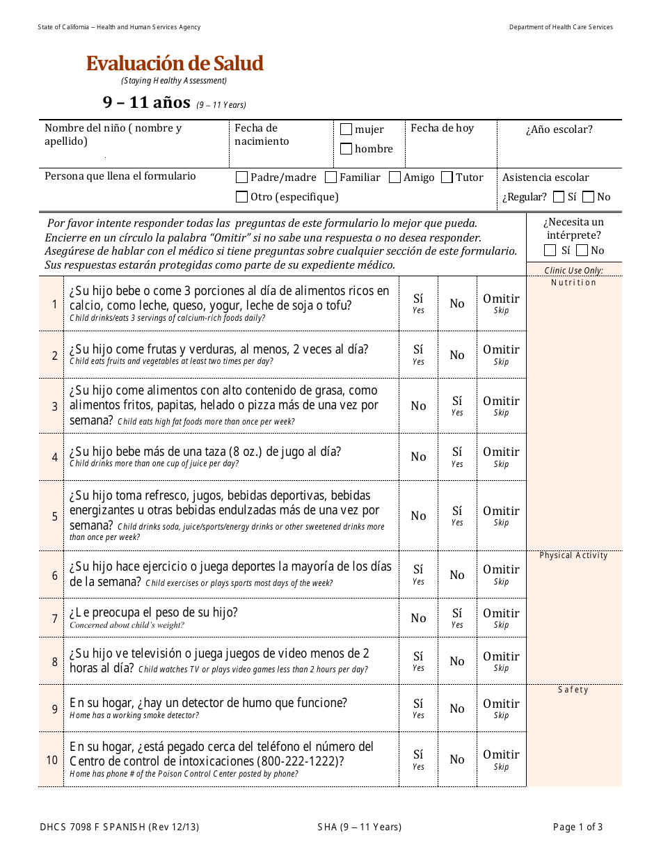 Form DHCS7098 F Evaluacion De Salud: 9-11 Anos - California (English / Spanish), Page 1