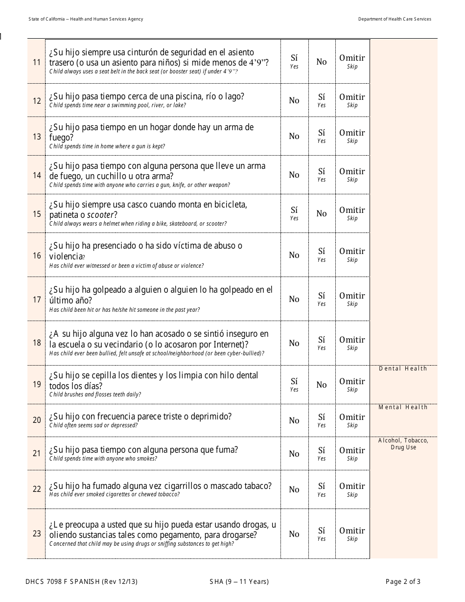 Form DHCS7098 F Evaluacion De Salud: 9-11 Anos - California (English / Spanish), Page 2