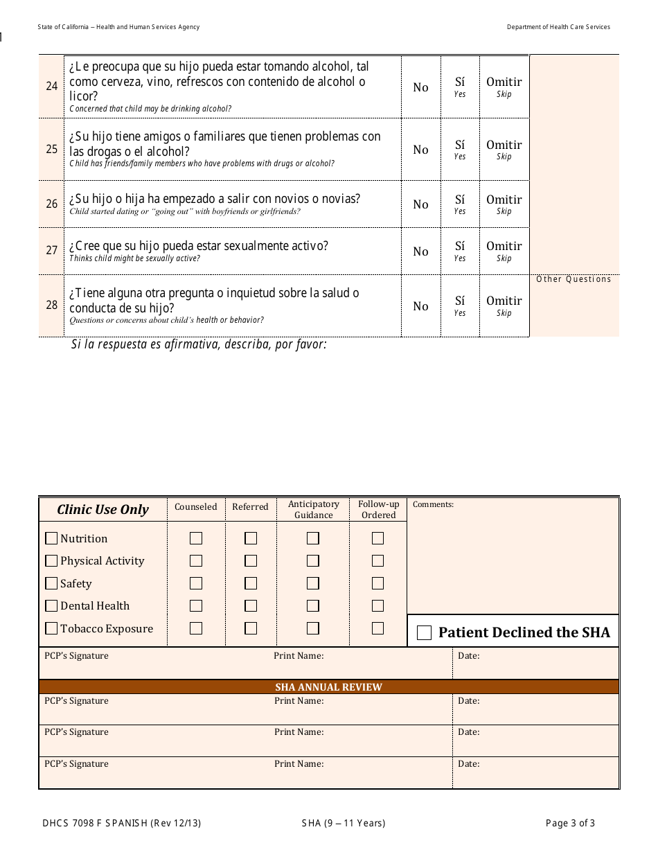 Form DHCS7098 F Evaluacion De Salud: 9-11 Anos - California (English / Spanish), Page 3