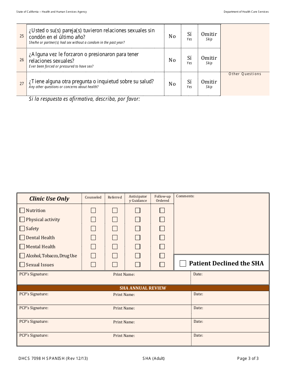 Form DHCS7098 H Evaluacion De Salud: Adulto - California (English / Spanish), Page 3