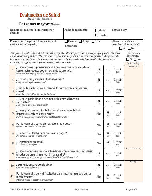 Form DHCS7098 I  Printable Pdf