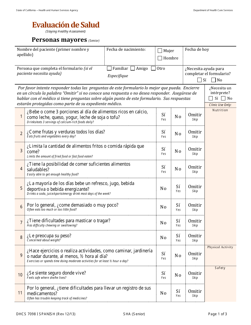 Form DHCS7098 I Evaluacion De Salud: Personas Mayores - California (English / Spanish), Page 1