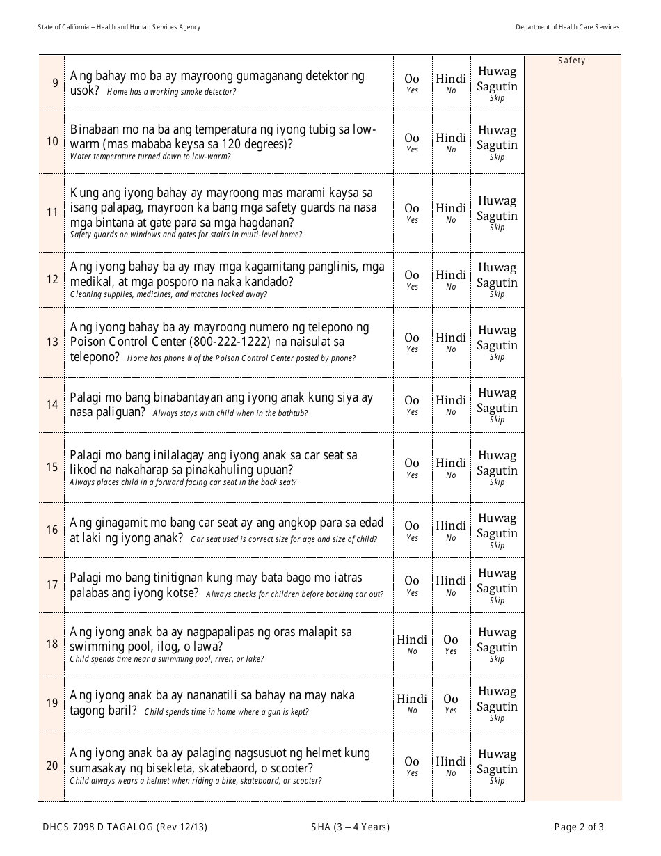 Form DHCS7098 D Staying Healthy Assessment: 3-4 Years - California (English / Tagalog), Page 2