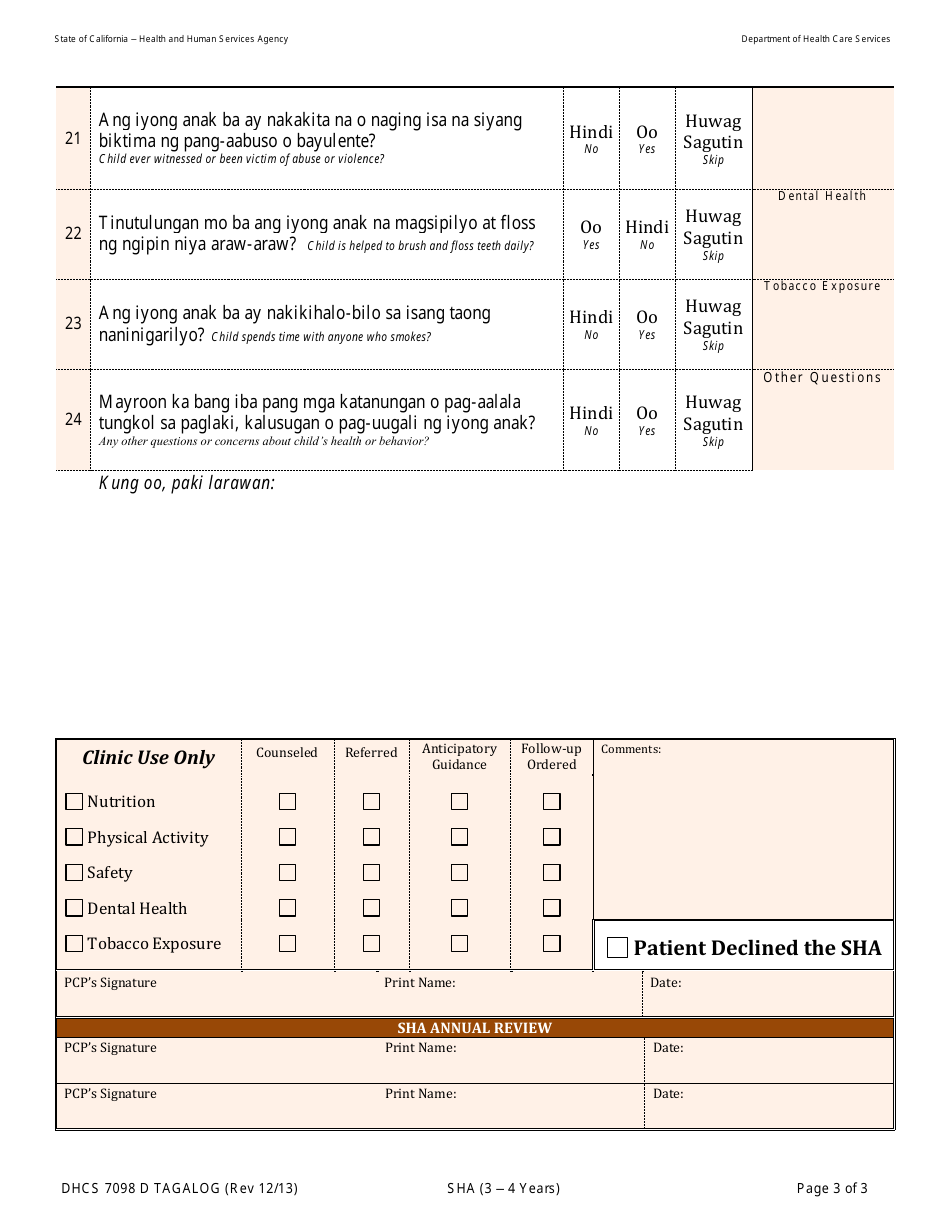 Form DHCS7098 D Staying Healthy Assessment: 3-4 Years - California (English / Tagalog), Page 3