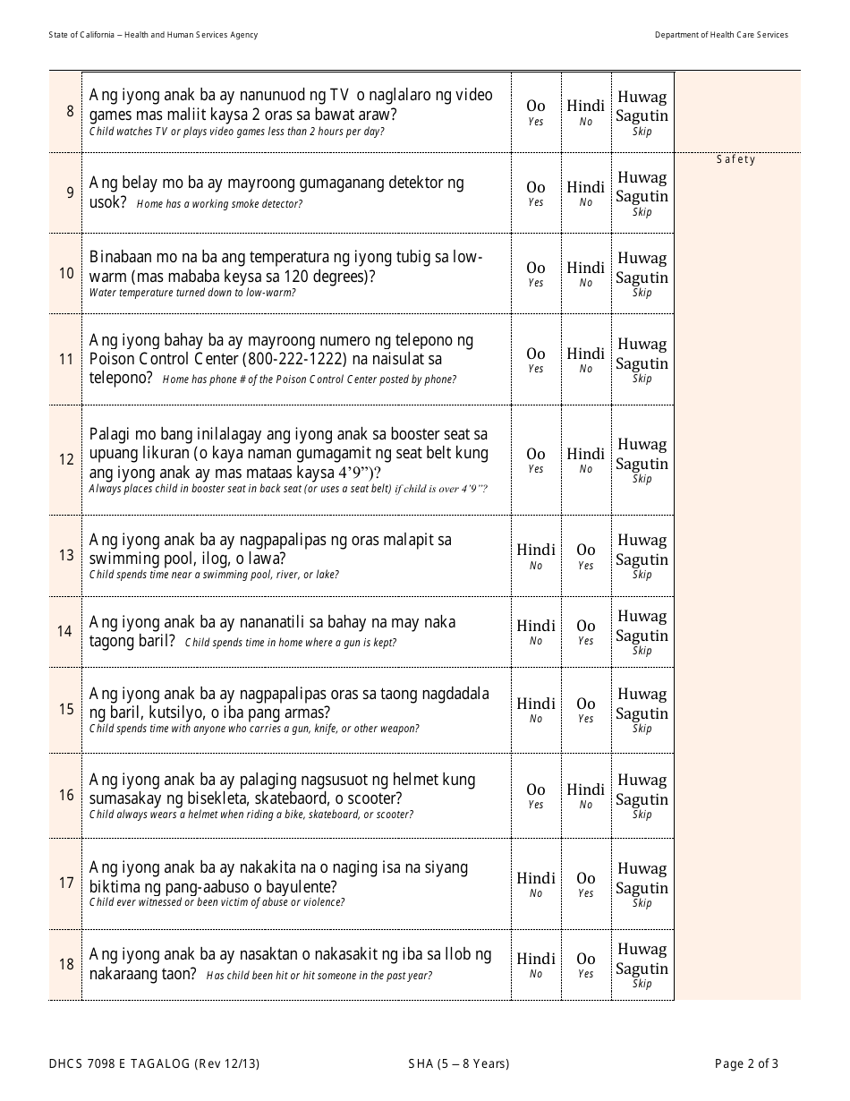 Form DHCS7098 E Staying Healthy Assessment: 5-8 Years - California (English / Tagalog), Page 2