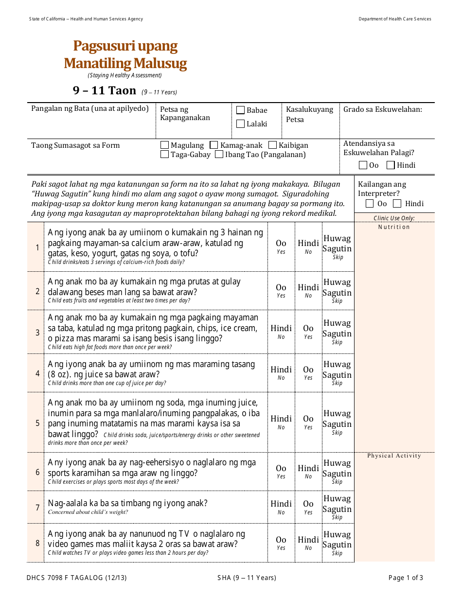 Form DHCS7098 F Staying Healthy Assessment: 9-11 Years - California (English / Tagalog), Page 1
