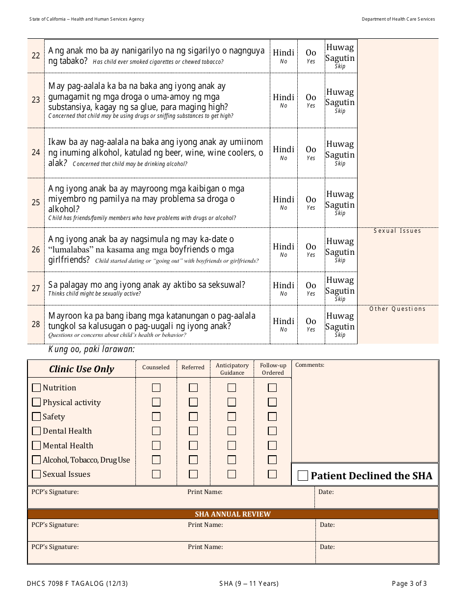 Form DHCS7098 F Staying Healthy Assessment: 9-11 Years - California (English / Tagalog), Page 3