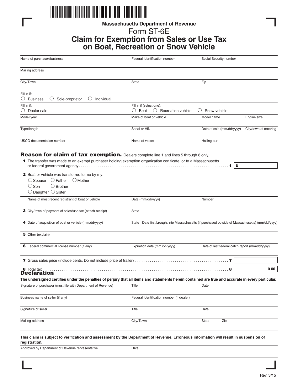 Form ST-6E Claim for Exemption From Sales or Use Tax on Boat, Recreation or Snow Vehicle - Massachusetts, Page 1