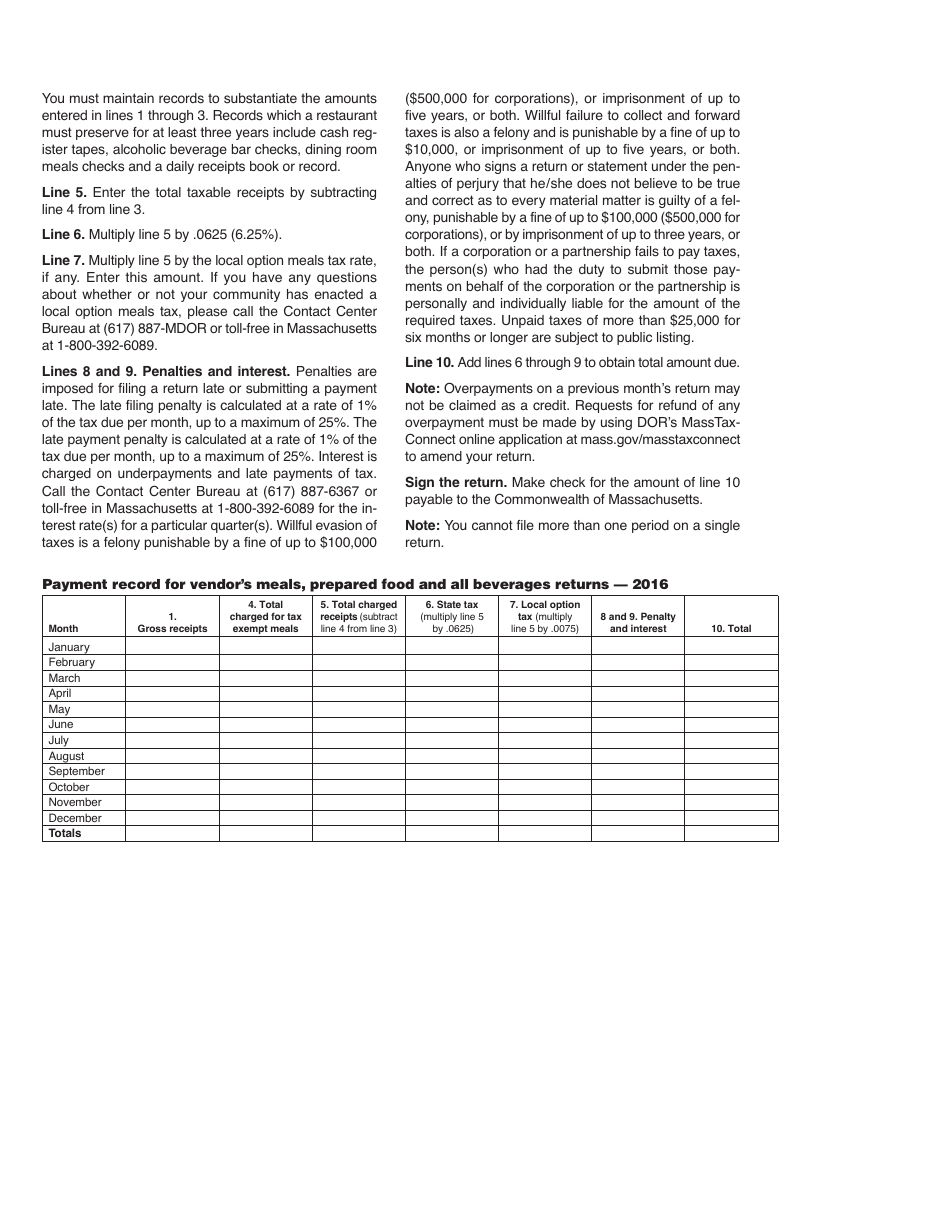 Instructions for Form ST-MAB-4 Sales Tax on Meals, Prepared Food and All Beverages Return - Massachusetts, Page 2