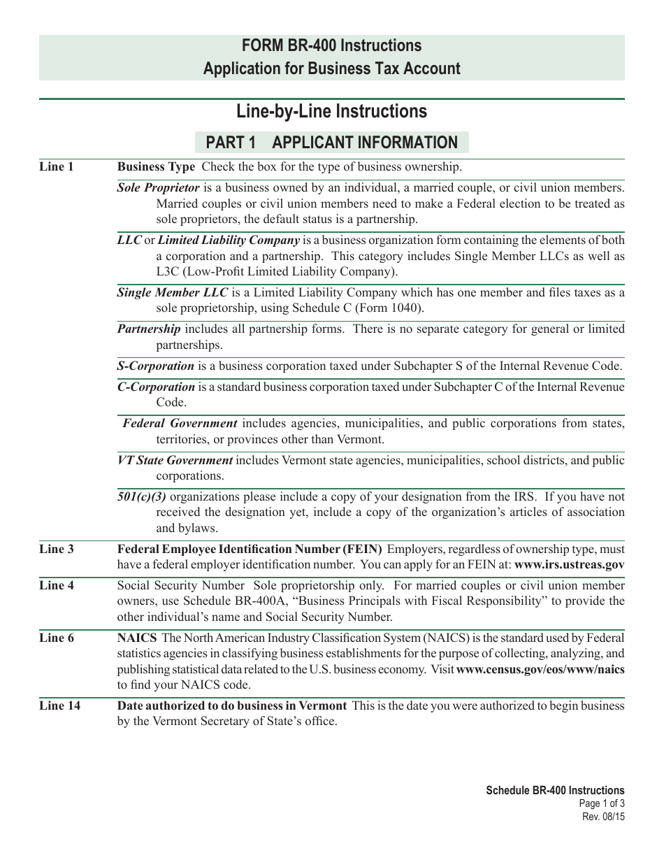 Instructions for VT Form BR-400 Application for Business Tax Account - Vermont, Page 1