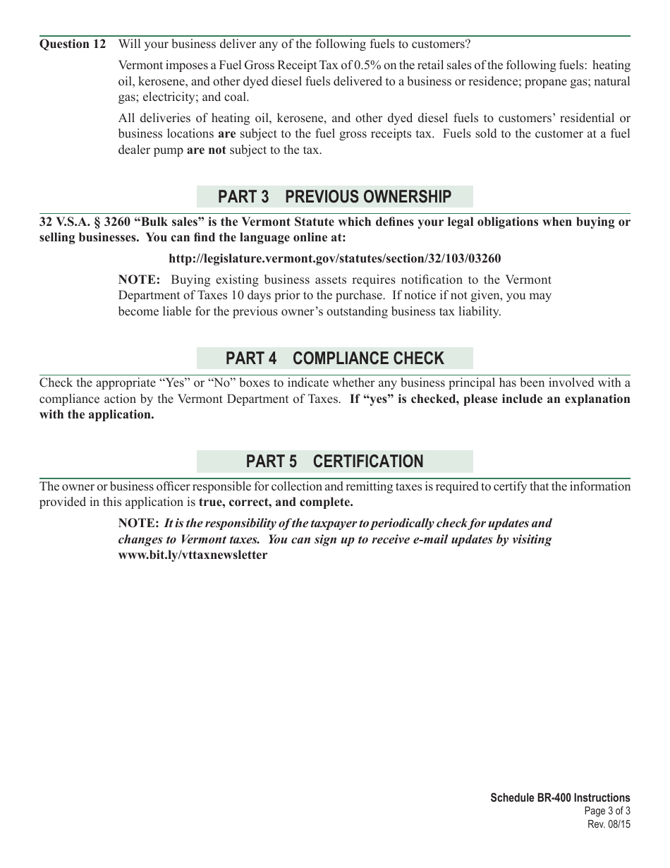 Instructions for VT Form BR-400 Application for Business Tax Account - Vermont, Page 3