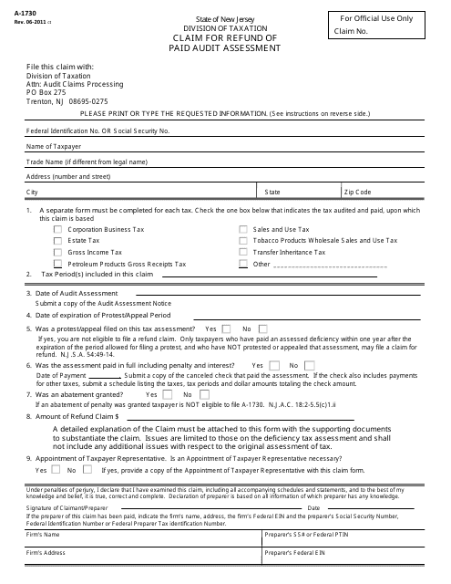 Form A-1730 Claim for Refund of Paid Audit Assessment - New Jersey