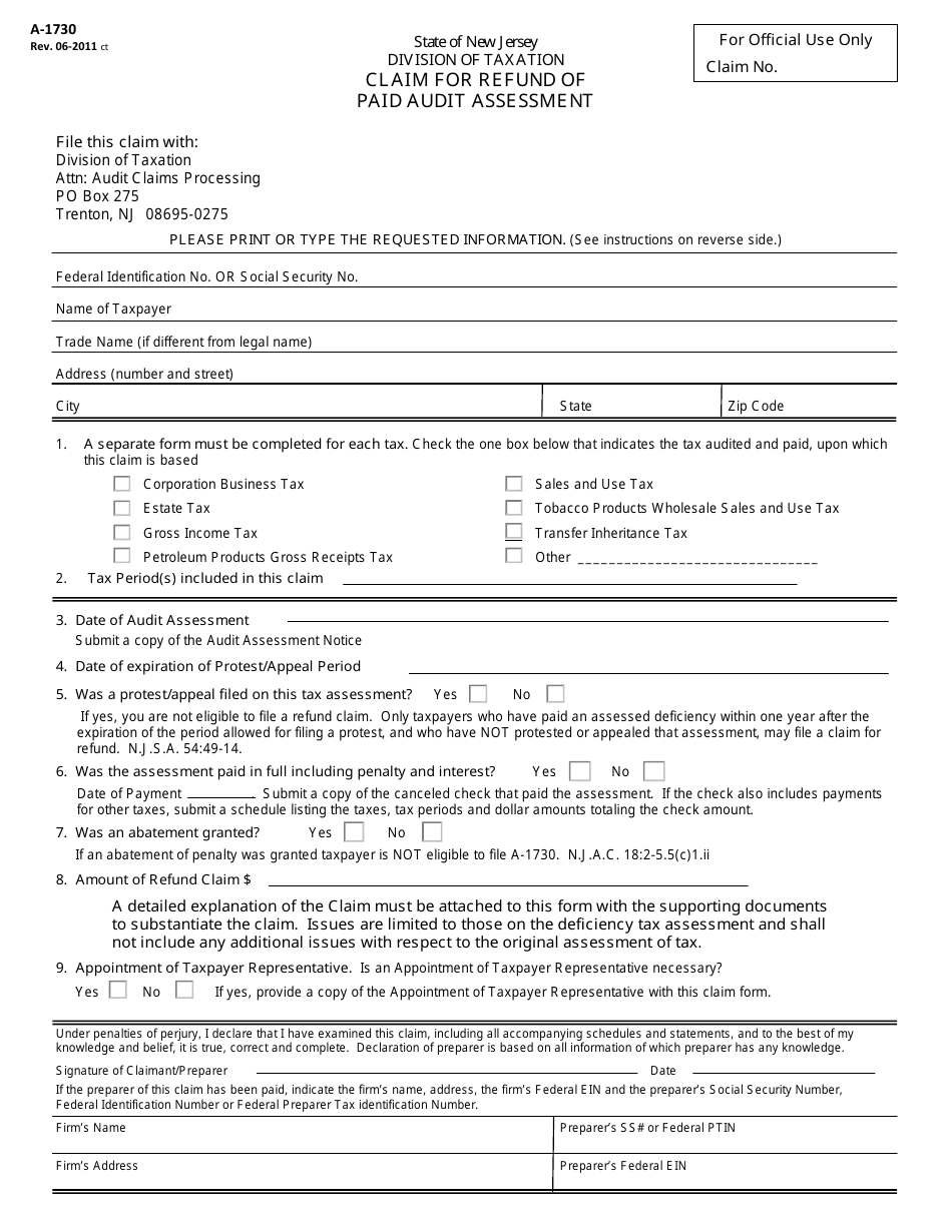 Form A-1730 Claim for Refund of Paid Audit Assessment - New Jersey, Page 1