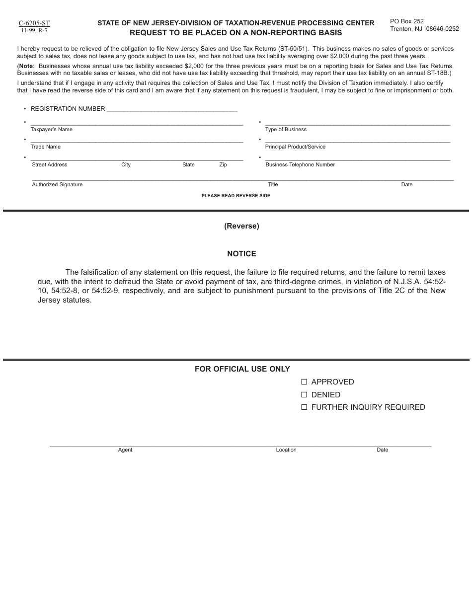 Form C-6205-ST Request to Be Placed on a Non-reporting Basis - New Jersey, Page 1