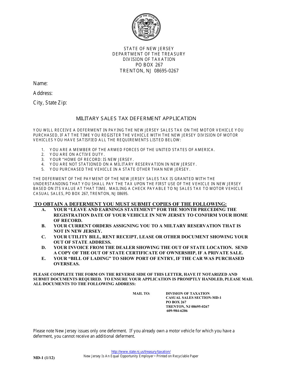 Form MD-1 Military Sales Tax Deferment Application - New Jersey, Page 1