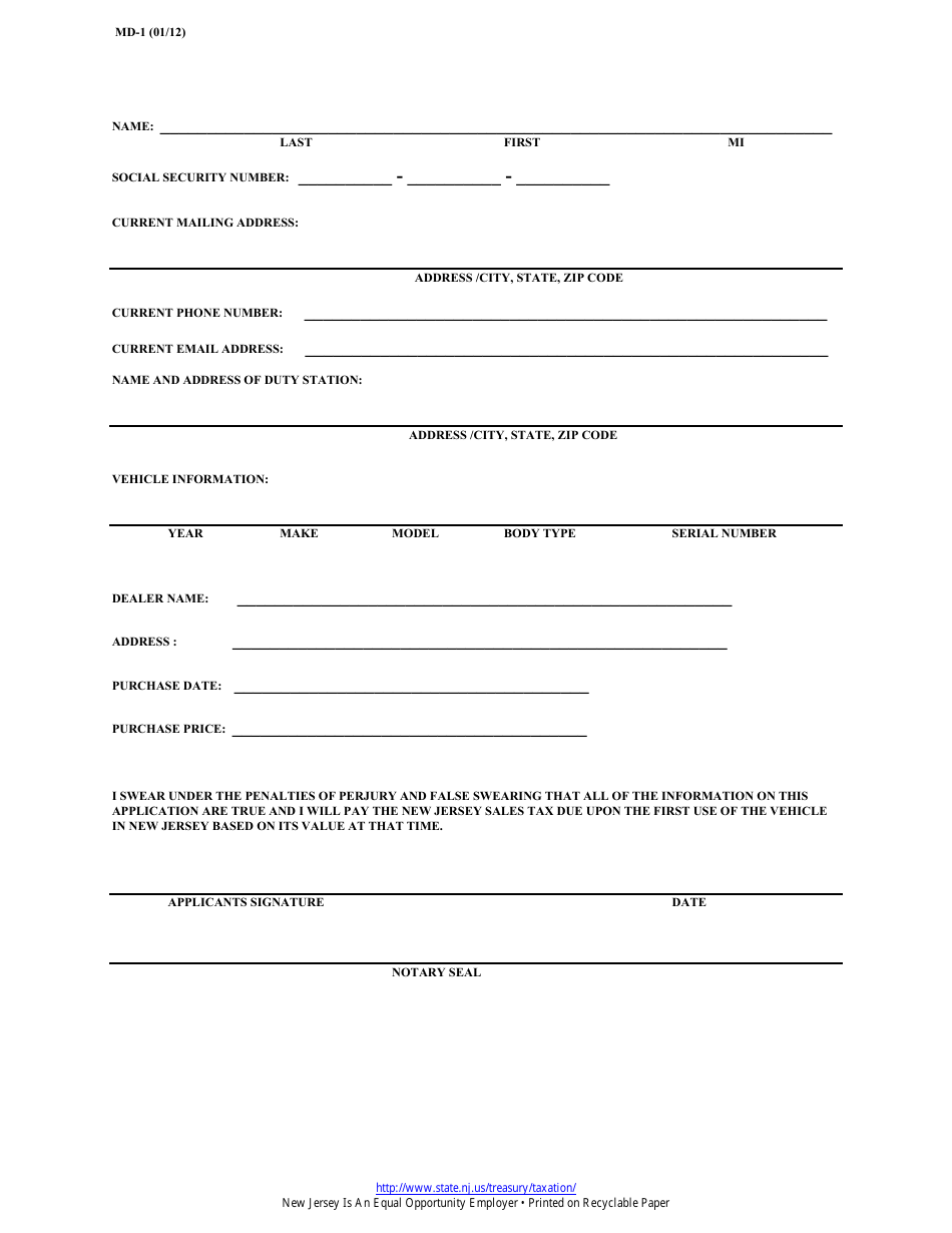 Form MD-1 Military Sales Tax Deferment Application - New Jersey, Page 2