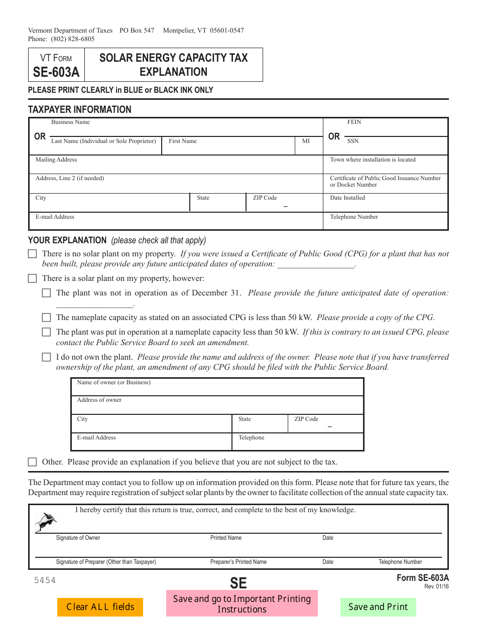 VT Form SE-603A Solar Energy Capacity Tax Explanation - Vermont, Page 1