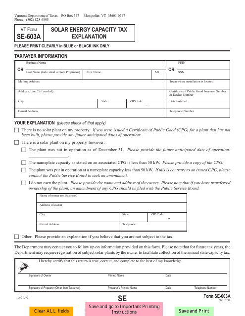 VT Form SE-603A  Printable Pdf