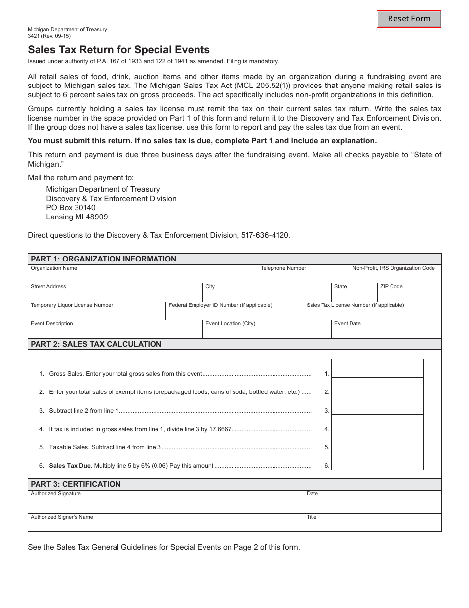Form 3421 Sales Tax Return for Special Events - Michigan, Page 1