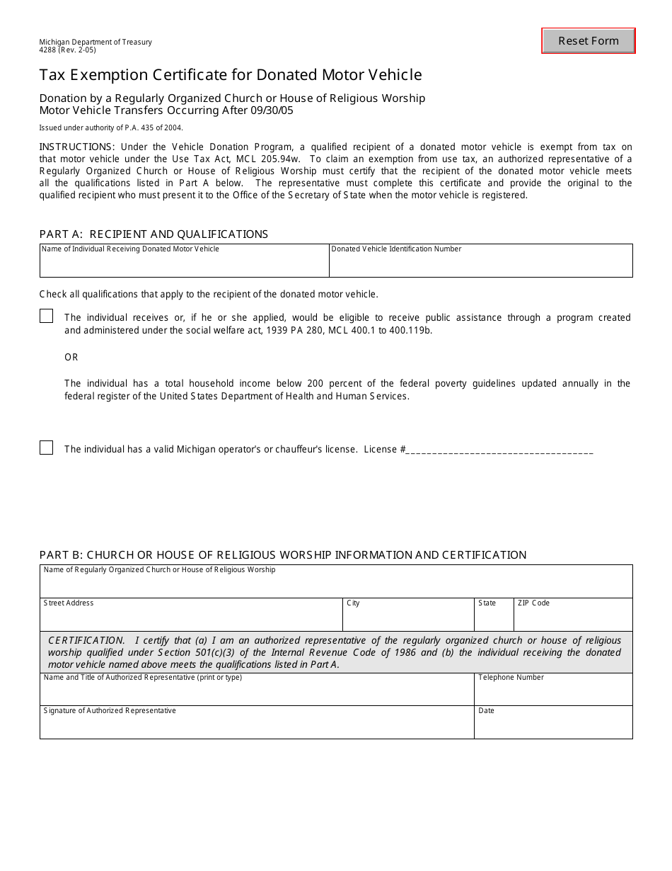 Form 4288 Tax Exemption Certificate for Donated Motor Vehicle - Michigan, Page 1