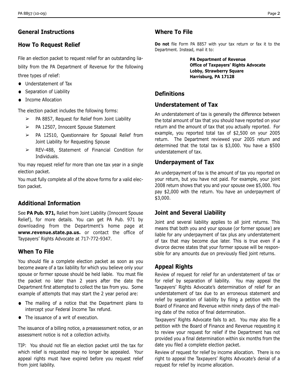 Form PA8857 Request for Relief From Joint Liability - Pennsylvania, Page 3